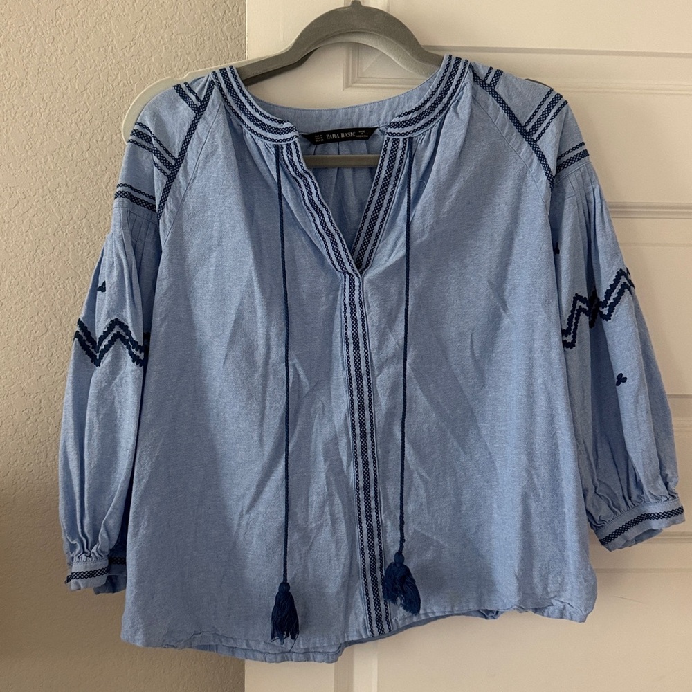 Zara Light Blue Embroidered Blouse